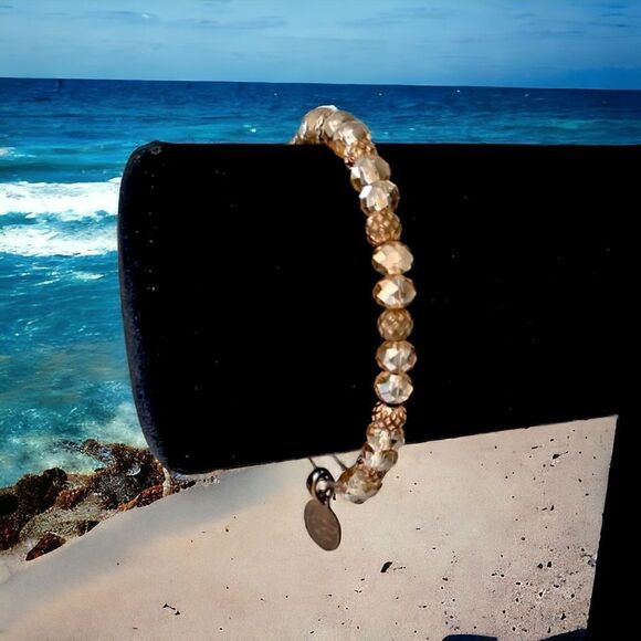 Alex and Ani Bangle Bracelet Amber Crystal Gold Tone Bead Brass Y2K Antiqued. - Picture 1 of 14